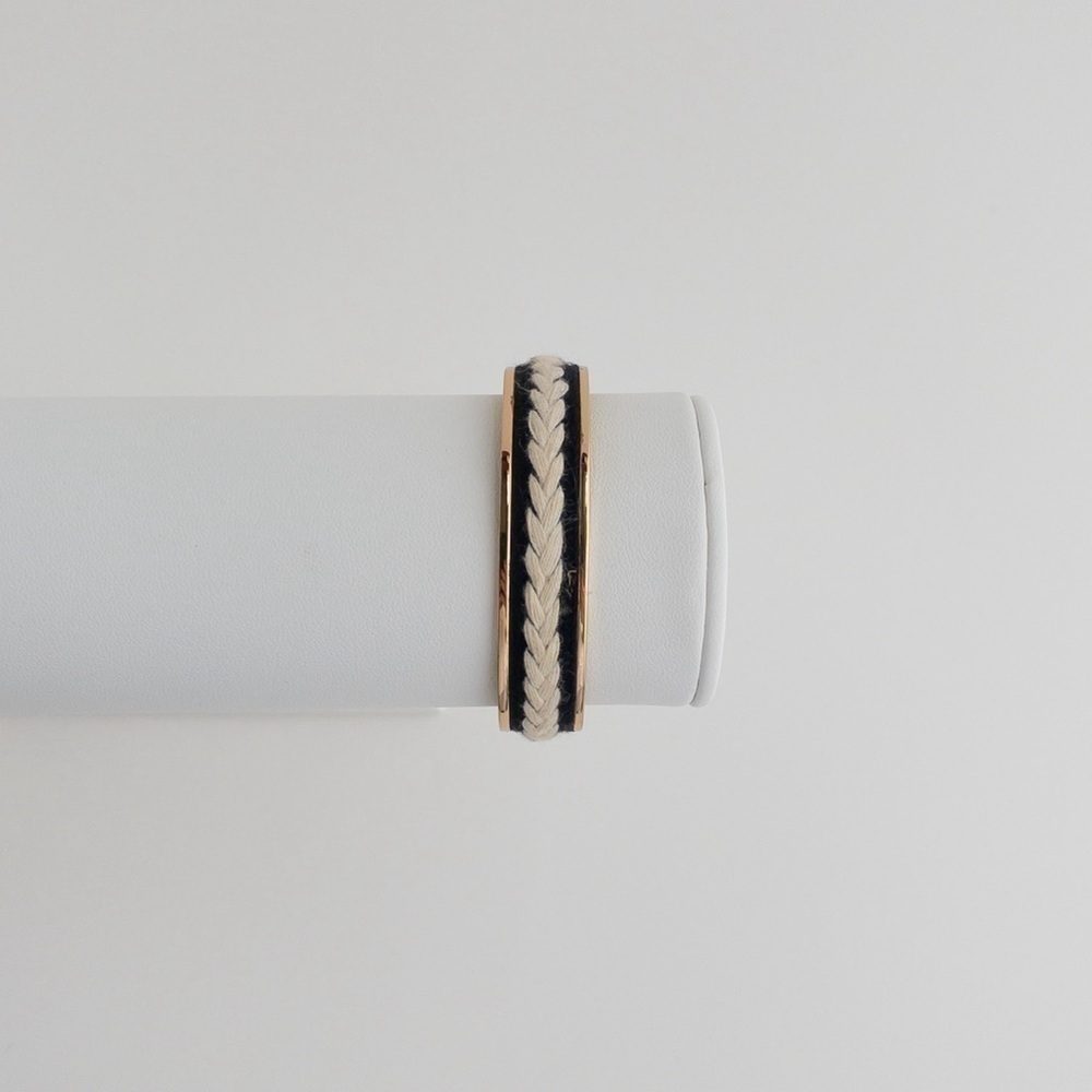 Stella & Dot Illuminate Cuff Bracelet Gold Tone Black White Woven Thread Design